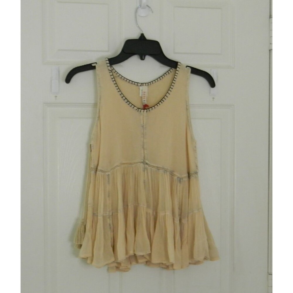 Raga Sleeveless Festival Shirt Cream Black Size XS Boho Western Tassels Tank NWT